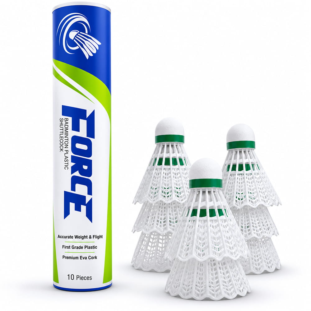 Volt Pro Force White Plastic Shuttlecock Pack of 10 is designed for badminton practice, training, and recreational play. Featuring a durable plastic skirt with a premium EVA and Neon Cork Base, it delivers balanced flight, reliable control, and long-lasting performance.