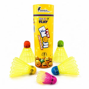 Volt Pro Fun Emoji Coloured Plastic Shuttlecock Pack of 5 features colorful shuttlecocks with unique emoji designs for an enjoyable badminton experience. Built with a durable plastic skirt and white rubber base, they provide stable flight and reliable performance for practice, training, and recreational play.