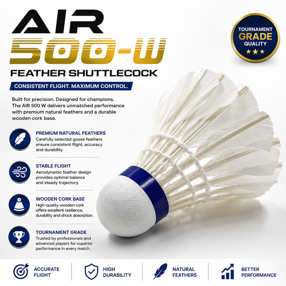 Volt Pro Feather Shuttlecocks (Pack of 5) feature natural hen feathers and a durable wooden cork base for stable flight and reliable performance. Designed for consistent play and long-lasting durability, these shuttlecocks are ideal for practice sessions, training, and recreational badminton games. Volt Pro Feather Shuttlecocks (Pack of 5) feature natural hen feathers and a durable wooden cork base for stable flight and reliable performance. Designed for consistent play and long-lasting durability, these shuttlecocks are ideal for practice sessions, training, and recreational badminton games.