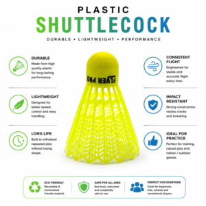 Volt Pro Flyer Pro Plastic Shuttlecock Pack of 10 is designed for badminton practice, training, and recreational play. Featuring a durable plastic skirt and neon cork base, these shuttlecocks provide accurate flight, stable performance, and enhanced visibility during gameplay.