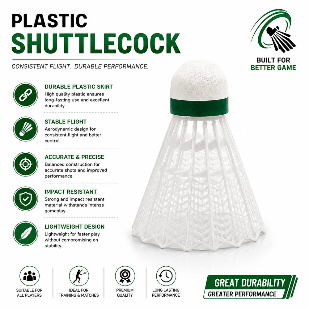 Volt Pro Flyer White Plastic Shuttlecock Pack of 10 is designed for badminton practice, training, and recreational play. Featuring a durable plastic construction and accurate flight performance, these shuttlecocks provide consistent gameplay and long-lasting durability for everyday use.