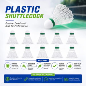 Volt Pro Force White Plastic Shuttlecock Pack of 10 is designed for badminton practice, training, and recreational play. Featuring a durable plastic skirt with a premium EVA and Neon Cork Base, it delivers balanced flight, reliable control, and long-lasting performance.