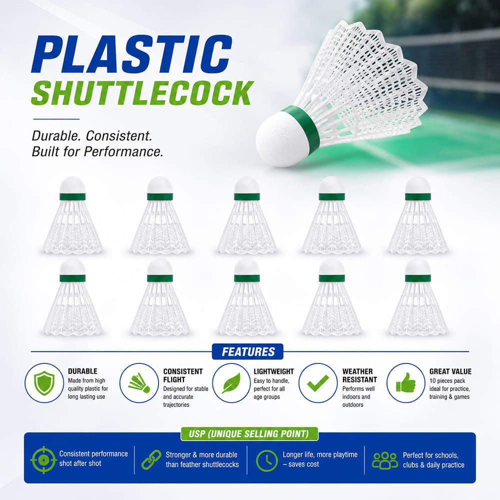 Volt Pro Force White Plastic Shuttlecock Pack of 10 is designed for badminton practice, training, and recreational play. Featuring a durable plastic skirt with a premium EVA and Neon Cork Base, it delivers balanced flight, reliable control, and long-lasting performance.