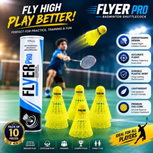 Volt Pro Flyer Pro Plastic Shuttlecock Pack of 10 is designed for badminton practice, training, and recreational play. Featuring a durable plastic skirt and neon cork base, these shuttlecocks provide accurate flight, stable performance, and enhanced visibility during gameplay.