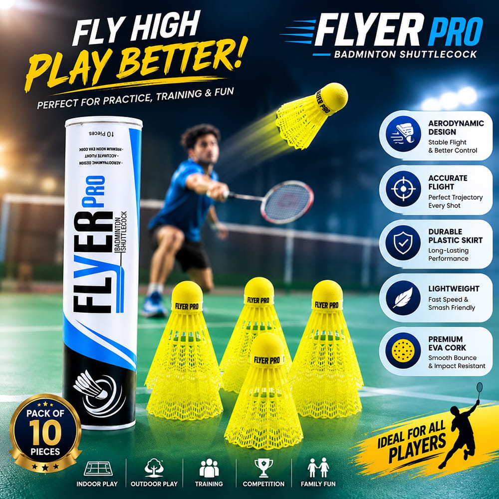 Volt Pro Flyer Pro Plastic Shuttlecock Pack of 10 is designed for badminton practice, training, and recreational play. Featuring a durable plastic skirt and neon cork base, these shuttlecocks provide accurate flight, stable performance, and enhanced visibility during gameplay.