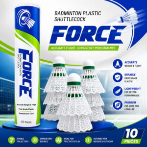 Volt Pro Force White Plastic Shuttlecock Pack of 10 is designed for badminton practice, training, and recreational play. Featuring a durable plastic skirt with a premium EVA and Neon Cork Base, it delivers balanced flight, reliable control, and long-lasting performance.