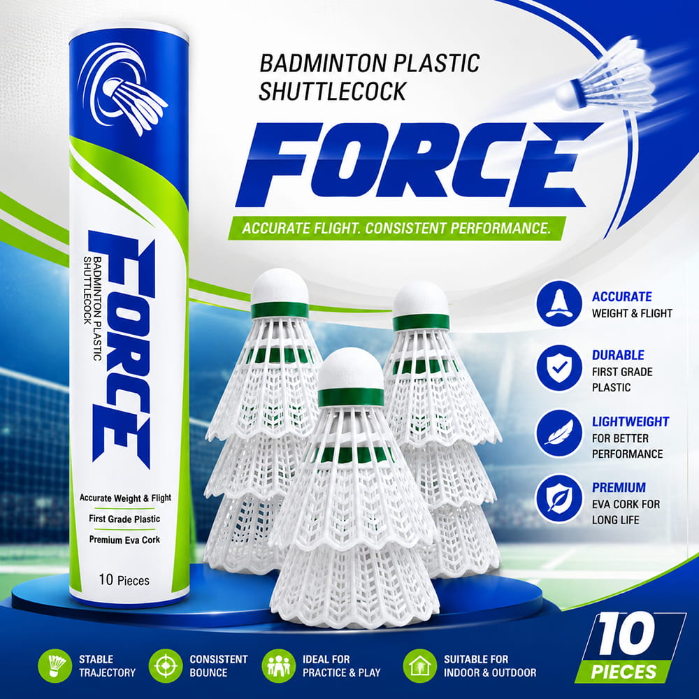 Volt Pro Force White Plastic Shuttlecock Pack of 10 is designed for badminton practice, training, and recreational play. Featuring a durable plastic skirt with a premium EVA and Neon Cork Base, it delivers balanced flight, reliable control, and long-lasting performance.