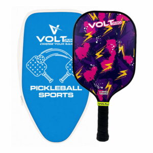 VoltPro Purple Lightning Paddle + 2 Balls Set — carbon fibre gritty spin tech, 16mm core. Includes 1 indoor 26-hole ball, 1 outdoor 40-hole ball, premium carry bag. lightweight, 4.25" grip. Perfect complete pickleball starter set.