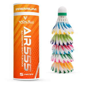 "Volt Pro Colourful Design Feather Shuttlecocks (Pack of 5) feature vibrant natural feathers with a durable EVA cork base for stable flight and reliable performance. Designed for recreational play and practice sessions, these shuttlecocks offer consistent speed, control, and long-lasting durability for players of all skill levels. "