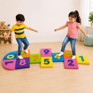 Play Eva Stapu Hopscotch Mat is a fun EVA foam floor game designed to encourage active play and physical activity. Featuring 11 interlocking tiles, a large 84 x 24 inch play area, and an anti-skid 3D embossed surface, it is ideal for indoor and outdoor use.