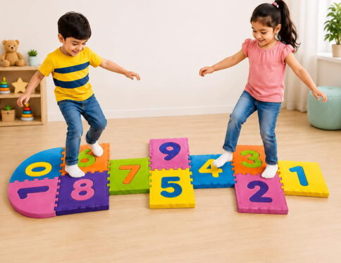 Play Eva Stapu Hopscotch Mat is a fun EVA foam floor game designed to encourage active play and physical activity. Featuring 11 interlocking tiles, a large 84 x 24 inch play area, and an anti-skid 3D embossed surface, it is ideal for indoor and outdoor use.