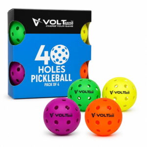 VoltPro 40-Hole Outdoor Pickleball Ball — Pack of 4 in 4 Colours. Precision-moulded polymer for consistent bounce and flight. Official dimensions. PET jar pack. Suitable for all skill levels.