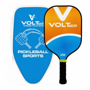 VoltPro Orange Blue Paddle + 2 Balls Set — carbon fibre gritty spin tech, 16mm core. Includes 1 indoor 26-hole ball, 1 outdoor 40-hole ball, premium carry bag. lightweight, 4.25" grip. Perfect complete pickleball starter set.