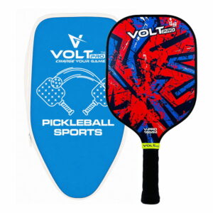VoltPro Red Blue Abstract Paddle + 2 Balls Set — carbon fibre gritty spin tech, 16mm core. Includes 1 indoor 26-hole ball, 1 outdoor 40-hole ball, premium carry bag. lightweight, 4.25" grip. Perfect complete pickleball starter set.