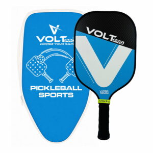VoltPro Blue / White Paddle + 2 Balls Set — carbon fibre gritty spin tech, 16mm core. Includes 1 indoor 26-hole ball, 1 outdoor 40-hole ball, premium carry bag. lightweight, 4.25" grip. Perfect complete pickleball starter set.