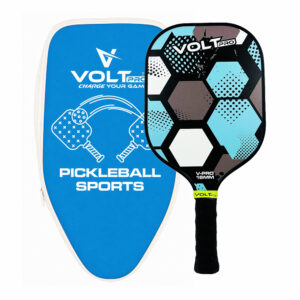VoltPro Blue Black Hexagon Paddle + 2 Balls Set — carbon fibre gritty spin tech, 16mm core. Includes 1 indoor 26-hole ball, 1 outdoor 40-hole ball, premium carry bag. lightweight, 4.25" grip. Perfect complete pickleball starter set.