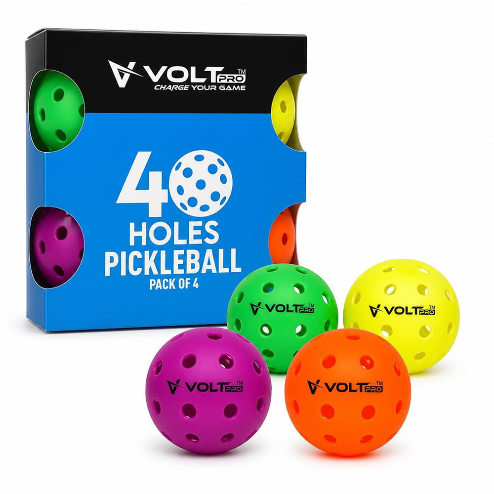 VoltPro 40-Hole Outdoor Pickleball Ball — Pack of 4 in 4 Colours. Precision-moulded polymer for consistent bounce and flight. Official dimensions. PET jar pack. Suitable for all skill levels. VoltPro 40-Hole Outdoor Pickleball Ball — Pack of 4 in 4 Colours. Precision-moulded polymer for consistent bounce and flight. Official dimensions. PET jar pack. Suitable for all skill levels.