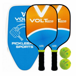 Volt Pro 2 Paddle + 2-Ball Set doubles-ready pickleball set. 16mm PP core, 1 indoor 26-hole & 1 outdoor 40-hole ball. Premium carry bag