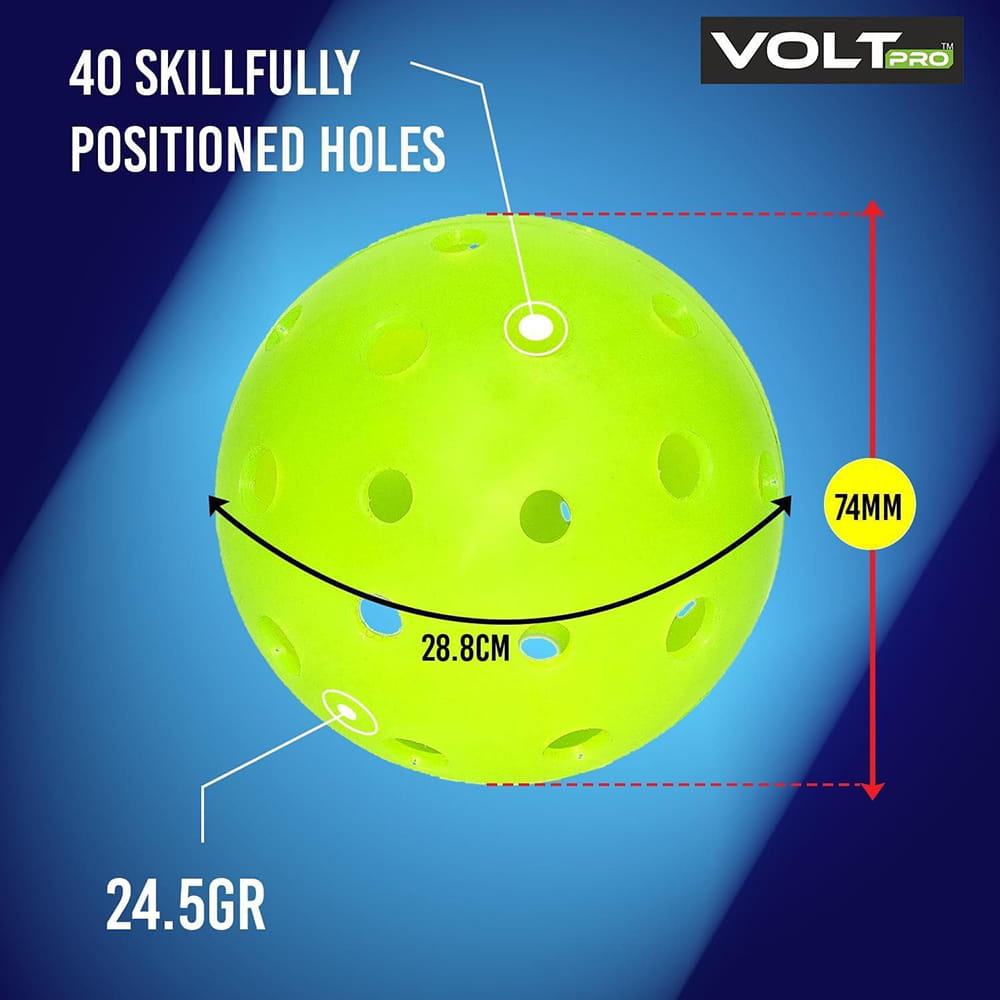 VoltPro 40-Hole Outdoor Pickleball Ball — Pack of 4 in 4 Colours. Precision-moulded polymer for consistent bounce and flight. Official dimensions. PET jar pack. Suitable for all skill levels. VoltPro 40-Hole Outdoor Pickleball Ball — Pack of 4 in 4 Colours. Precision-moulded polymer for consistent bounce and flight. Official dimensions. PET jar pack. Suitable for all skill levels.