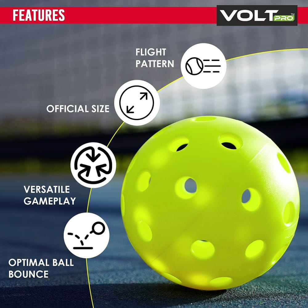 VoltPro 40-Hole Outdoor Pickleball Ball — Pack of 4 in 4 Colours. Precision-moulded polymer for consistent bounce and flight. Official dimensions. PET jar pack. Suitable for all skill levels. VoltPro 40-Hole Outdoor Pickleball Ball — Pack of 4 in 4 Colours. Precision-moulded polymer for consistent bounce and flight. Official dimensions. PET jar pack. Suitable for all skill levels.