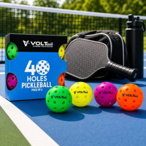 VoltPro 40-Hole Outdoor Pickleball Ball — Pack of 4 in 4 Colours. Precision-moulded polymer for consistent bounce and flight. Official dimensions. PET jar pack. Suitable for all skill levels. VoltPro 40-Hole Outdoor Pickleball Ball — Pack of 4 in 4 Colours. Precision-moulded polymer for consistent bounce and flight. Official dimensions. PET jar pack. Suitable for all skill levels.