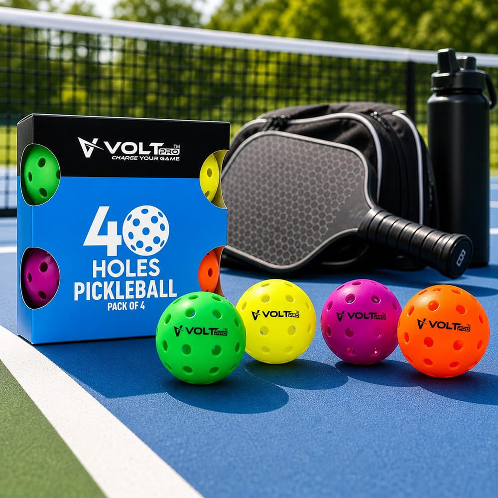 VoltPro 40-Hole Outdoor Pickleball Ball — Pack of 4 in 4 Colours. Precision-moulded polymer for consistent bounce and flight. Official dimensions. PET jar pack. Suitable for all skill levels. VoltPro 40-Hole Outdoor Pickleball Ball — Pack of 4 in 4 Colours. Precision-moulded polymer for consistent bounce and flight. Official dimensions. PET jar pack. Suitable for all skill levels.