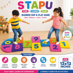 Play Eva Stapu Hopscotch Mat is a fun EVA foam floor game designed to encourage active play and physical activity. Featuring 11 interlocking tiles, a large 84 x 24 inch play area, and an anti-skid 3D embossed surface, it is ideal for indoor and outdoor use.