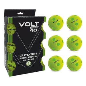 VoltPro 40-Hole Outdoor Pickleball Ball — Pack of 6 in Assorted color. Precision-moulded polymer for consistent bounce and flight. Official dimensions. PET jar pack. Suitable for all skill levels.