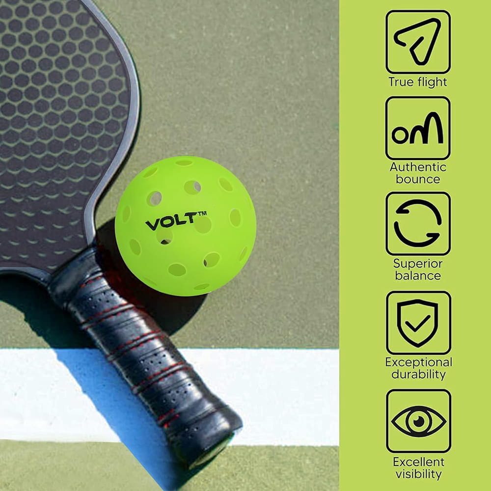 VoltPro 40-Hole Outdoor Pickleball Ball — Pack of 4 in 4 Colours. Precision-moulded polymer for consistent bounce and flight. Official dimensions. PET jar pack. Suitable for all skill levels. VoltPro 40-Hole Outdoor Pickleball Ball — Pack of 4 in 4 Colours. Precision-moulded polymer for consistent bounce and flight. Official dimensions. PET jar pack. Suitable for all skill levels.