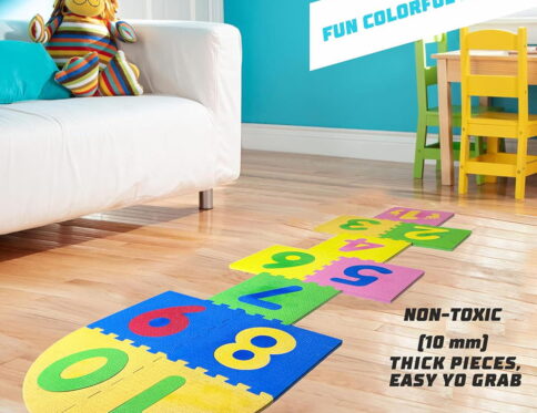 Play Eva Stapu Hopscotch Mat is a fun EVA foam floor game designed to encourage active play and physical activity. Featuring 11 interlocking tiles, a large 84 x 24 inch play area, and an anti-skid 3D embossed surface, it is ideal for indoor and outdoor use.