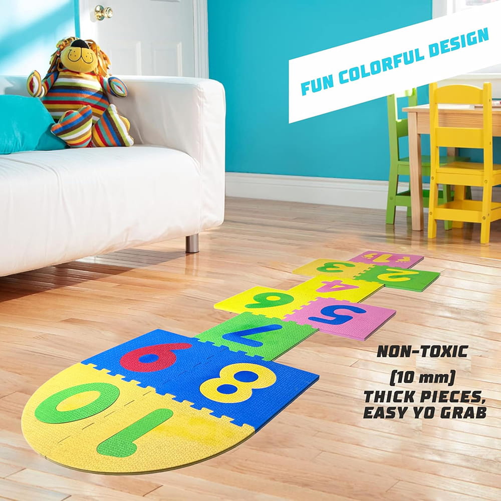 Play Eva Stapu Hopscotch Mat is a fun EVA foam floor game designed to encourage active play and physical activity. Featuring 11 interlocking tiles, a large 84 x 24 inch play area, and an anti-skid 3D embossed surface, it is ideal for indoor and outdoor use.