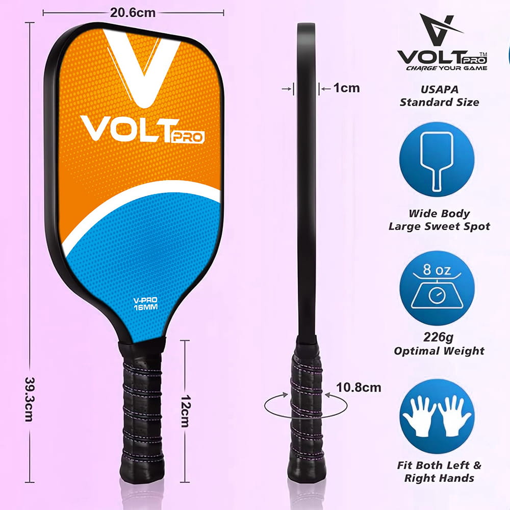 Volt Pro 1 Paddle + 2 Balls Set carbon fibre gritty spin tech, 16mm core. Includes 1 indoor 26-hole ball, 1 outdoor 40-hole ball, premium carry bag.