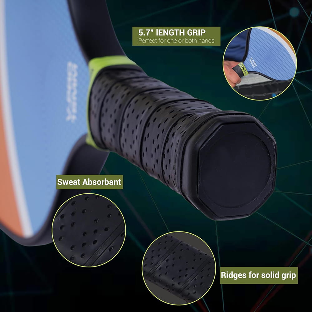 Volt Pro 1 Paddle + 2 Balls Set carbon fibre gritty spin tech, 16mm core. Includes 1 indoor 26-hole ball, 1 outdoor 40-hole ball, premium carry bag.