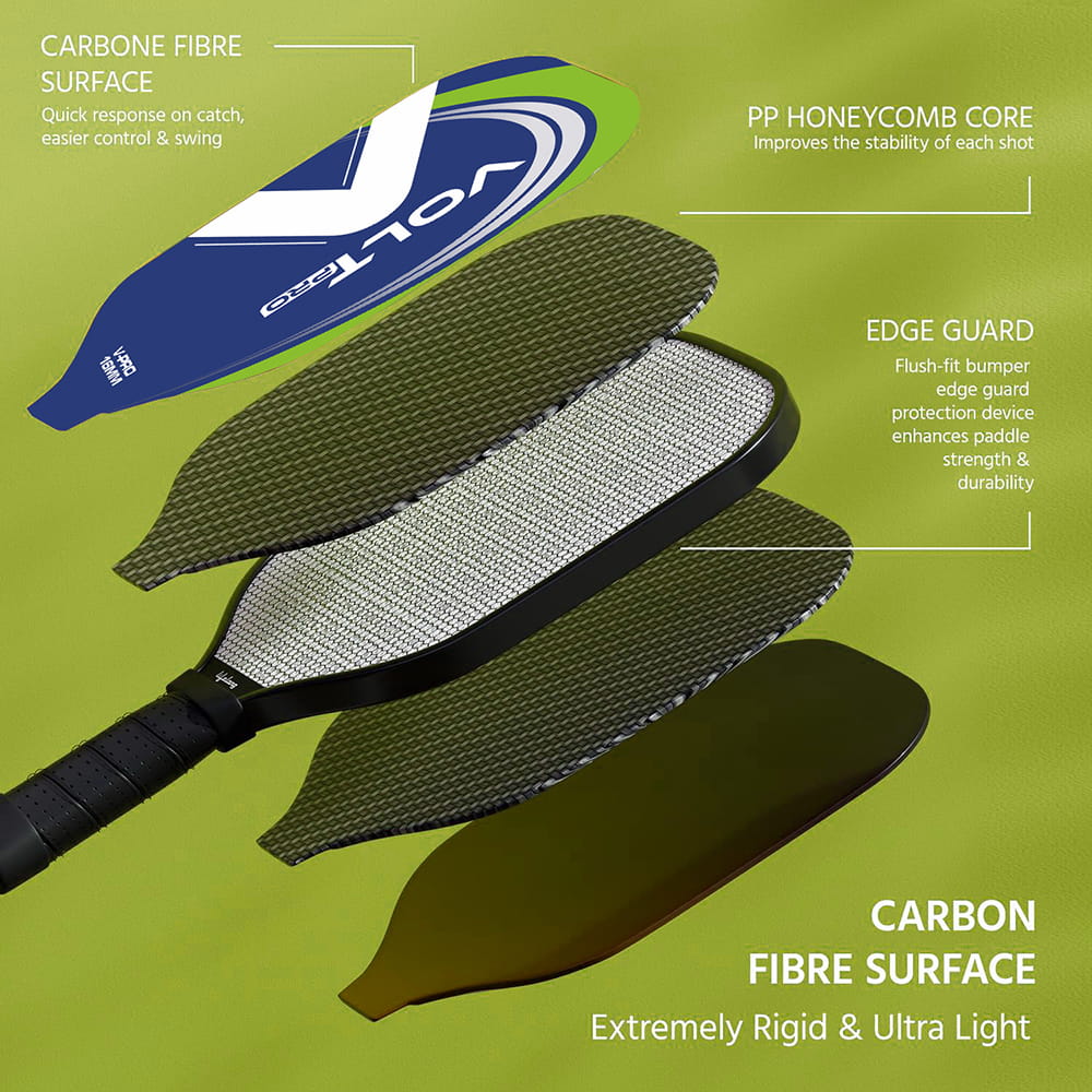 Volt Pro 1 Paddle + 2 Balls Set carbon fibre gritty spin tech, 16mm core. Includes 1 indoor 26-hole ball, 1 outdoor 40-hole ball, premium carry bag.