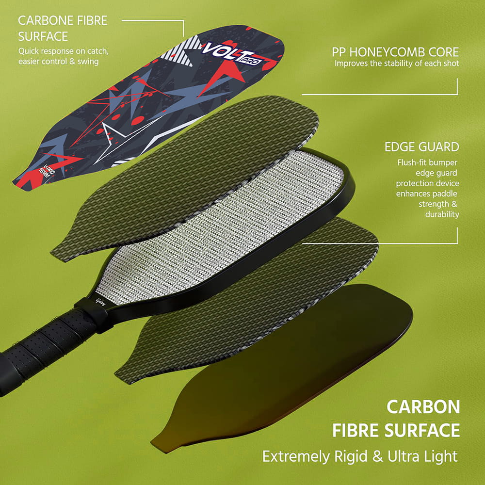 Volt Pro 1 Paddle + 2 Balls Set carbon fibre gritty spin tech, 16mm core. Includes 1 indoor 26-hole ball, 1 outdoor 40-hole ball, premium carry bag. Volt Pro 1 Paddle + 2 Balls Set carbon fibre gritty spin tech, 16mm core. Includes 1 indoor 26-hole ball, 1 outdoor 40-hole ball, premium carry bag.
