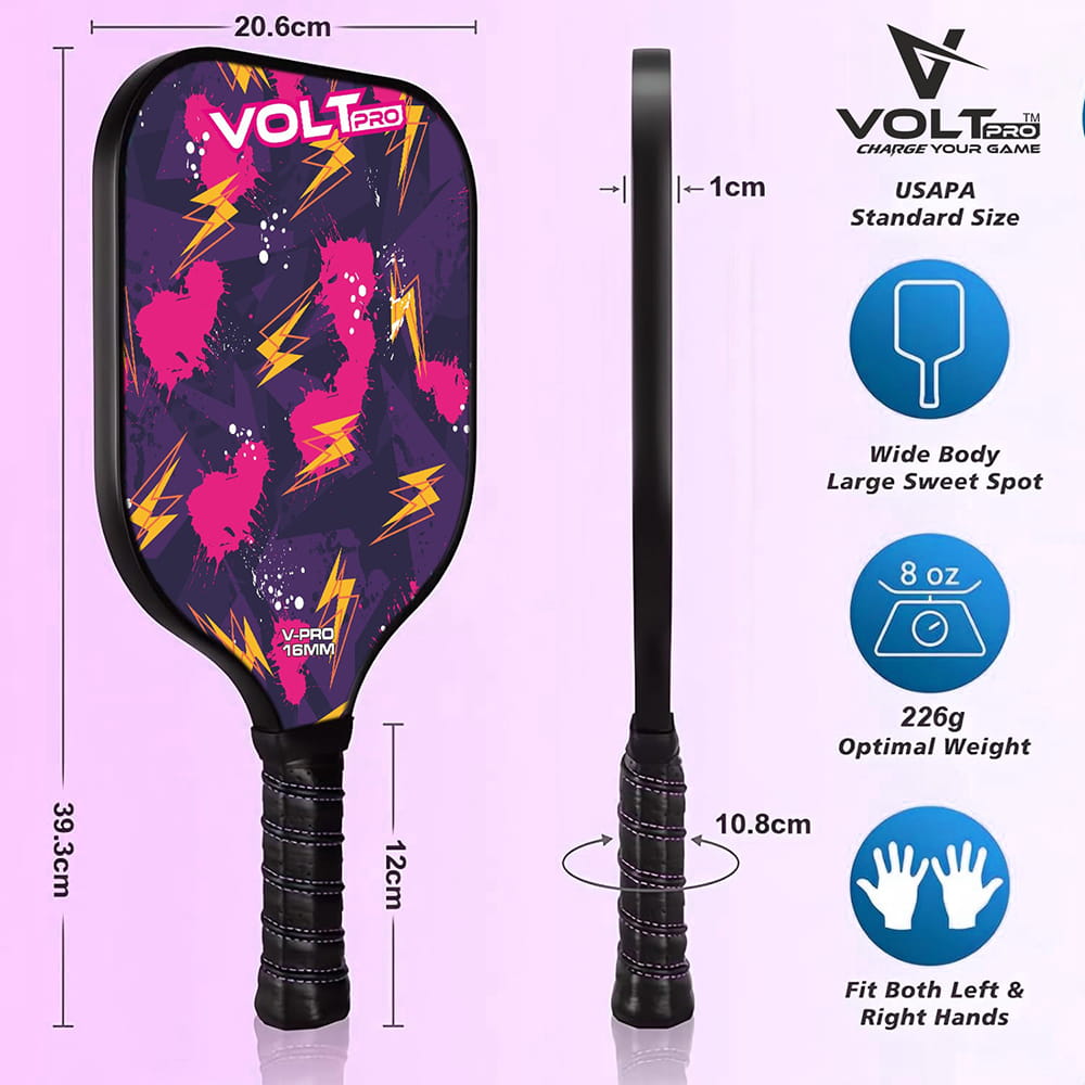 Volt Pro 1 Paddle + 2 Balls Set carbon fibre gritty spin tech, 16mm core. Includes 1 indoor 26-hole ball, 1 outdoor 40-hole ball, premium carry bag.