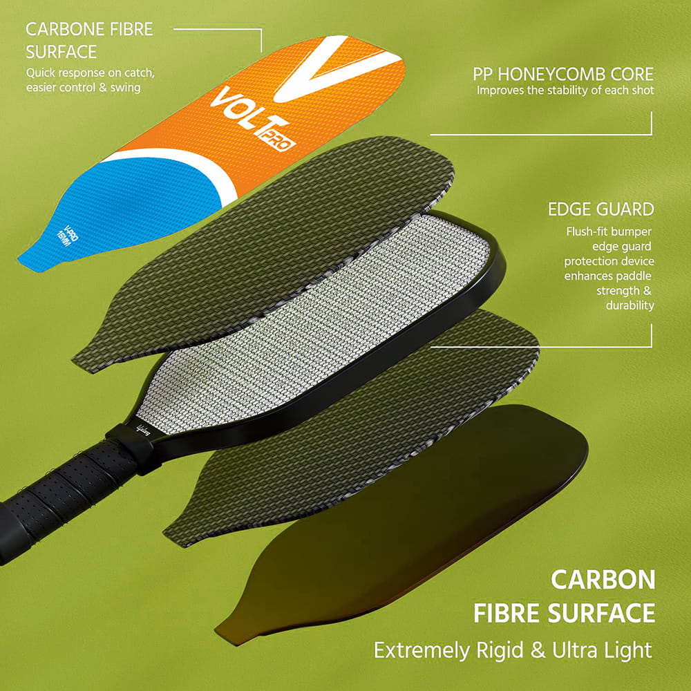 Volt Pro 2 Paddle + 2-Ball Set doubles-ready pickleball set. 16mm PP core, 1 indoor 26-hole & 1 outdoor 40-hole ball. Premium carry bag Volt Pro 2 Paddle + 2-Ball Set doubles-ready pickleball set. 16mm PP core, 1 indoor 26-hole & 1 outdoor 40-hole ball. Premium carry bag