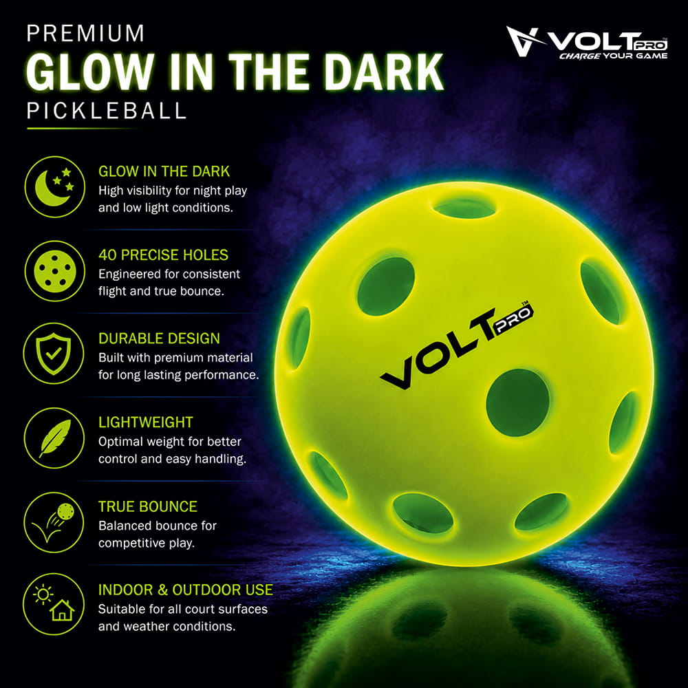 Volt Pro 40-Hole Outdoor Pickleball Ball Pack of 3 Glow in the Dark Precision-moulded polymer for consistent bounce and flight. Official dimensions. PET jar pack. Suitable for all skill levels. Volt Pro 40-Hole Outdoor Pickleball Ball Pack of 3 Glow in the Dark Precision-moulded polymer for consistent bounce and flight. Official dimensions. PET jar pack. Suitable for all skill levels.