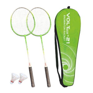 Volt Pro Badminton Racket Set includes 2 lightweight badminton rackets and 2 shuttlecocks, designed for excellent control and power. Featuring durable aluminium frames, full grip handles, and strong nylon strings, this set is suitable for beginners and recreational players. Includes a full cover carry bag for easy storage and transport.