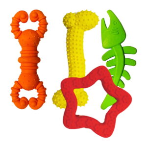 Hello Friends Dog Toy Combo Pack of 4 includes bone, star, crab, and fish-shaped chew toys made from soft rubber and pet-safe materials. Designed for puppies and small dogs, these scented toys help encourage healthy chewing habits while providing hours of fun and engagement.