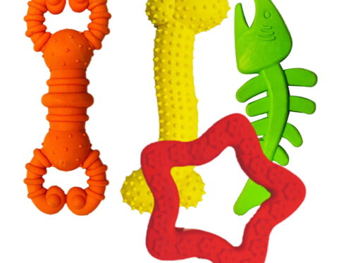 Hello Friends Dog Toy Combo Pack of 4 includes bone, star, crab, and fish-shaped chew toys made from soft rubber and pet-safe materials. Designed for puppies and small dogs, these scented toys help encourage healthy chewing habits while providing hours of fun and engagement.
