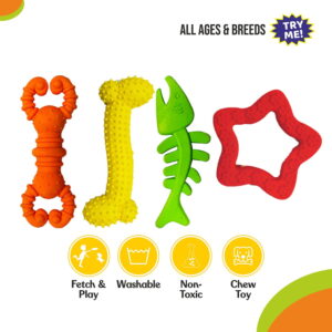 Hello Friends Dog Toy Combo Pack of 4 includes bone, star, crab, and fish-shaped chew toys made from soft rubber and pet-safe materials. Designed for puppies and small dogs, these scented toys help encourage healthy chewing habits while providing hours of fun and engagement.
