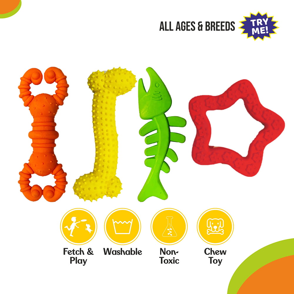 Hello Friends Dog Toy Combo Pack of 4 includes bone, star, crab, and fish-shaped chew toys made from soft rubber and pet-safe materials. Designed for puppies and small dogs, these scented toys help encourage healthy chewing habits while providing hours of fun and engagement.