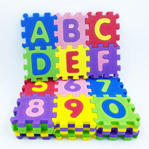 Play Eva ABCD Alphabet and Number Puzzle Set includes 36 educational EVA foam tiles with 3D embossed letters and numbers. Featuring 4 x 4 inch tiles and 10mm thick foam construction, this learning puzzle helps children develop alphabet recognition, counting skills, and hand-eye coordination through interactive play.