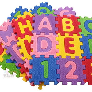 Play Eva Foam Alphabet and Number Puzzle Set includes 36 educational foam tiles featuring 26 alphabets and 10 numbers. The 3.25-inch tiles with 3D embossed letters and 10mm thick EVA foam help children learn letters, numbers, and counting through fun interactive play.