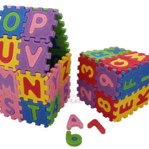 Play Eva Foam Alphabet and Number Puzzle Set includes 36 educational foam tiles featuring 26 alphabets and 10 numbers. The 3.25-inch tiles with 3D embossed letters and 10mm thick EVA foam help children learn letters, numbers, and counting through fun interactive play.