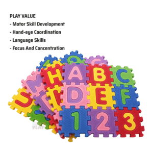 Play Eva Foam Alphabet and Number Puzzle Set includes 36 educational foam tiles featuring 26 alphabets and 10 numbers. The 3.25-inch tiles with 3D embossed letters and 10mm thick EVA foam help children learn letters, numbers, and counting through fun interactive play. Play Eva Foam Alphabet and Number Puzzle Set includes 36 educational foam tiles featuring 26 alphabets and 10 numbers. The 3.25-inch tiles with 3D embossed letters and 10mm thick EVA foam help children learn letters, numbers, and counting through fun interactive play.