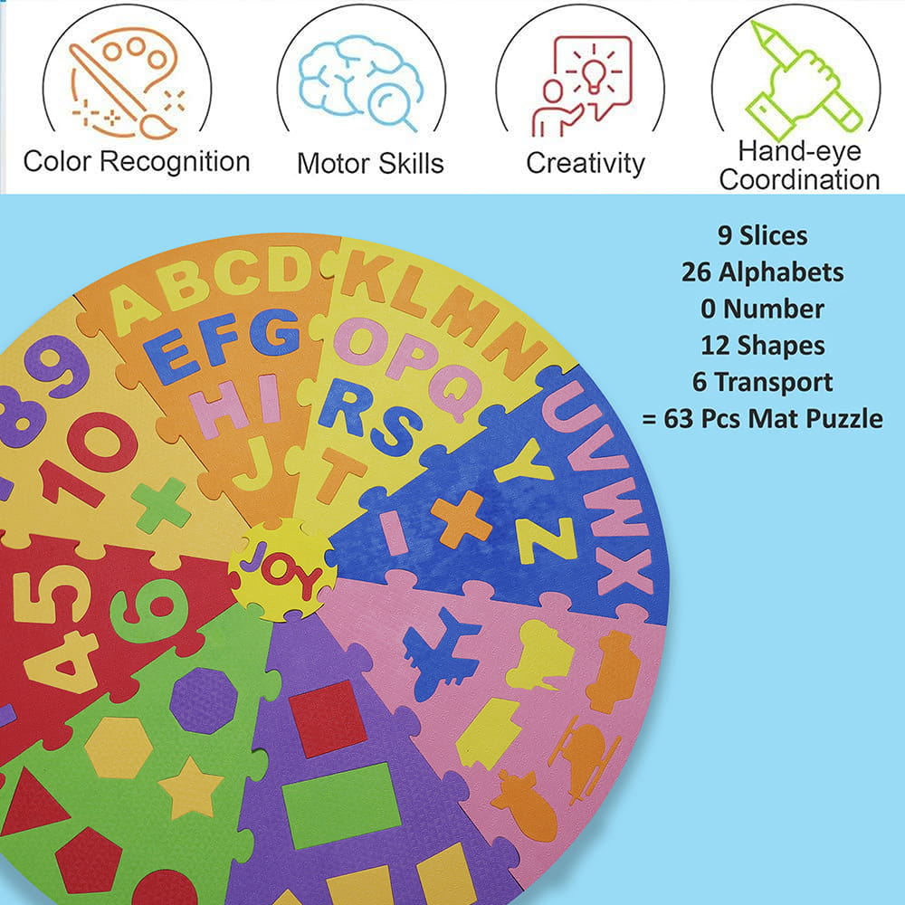Play Eva 36 Inch Jumbo Pizza Puzzle Mat is a fun educational EVA foam puzzle designed to help children learn alphabets, numbers, shapes, and vehicles through interactive play. Featuring a unique pizza-shaped design, interlocking pieces, and 10mm thick foam construction, it encourages learning while developing essential skills. Play Eva 36 Inch Jumbo Pizza Puzzle Mat is a fun educational EVA foam puzzle designed to help children learn alphabets, numbers, shapes, and vehicles through interactive play. Featuring a unique pizza-shaped design, interlocking pieces, and 10mm thick foam construction, it encourages learning while developing essential skills.