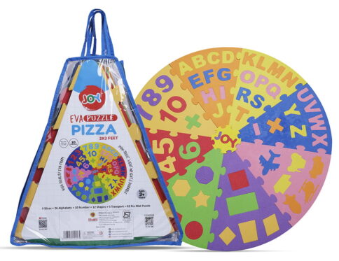 Play Eva 36 Inch Jumbo Pizza Puzzle Mat is a fun educational EVA foam puzzle designed to help children learn alphabets, numbers, shapes, and vehicles through interactive play. Featuring a unique pizza-shaped design, interlocking pieces, and 10mm thick foam construction, it encourages learning while developing essential skills.