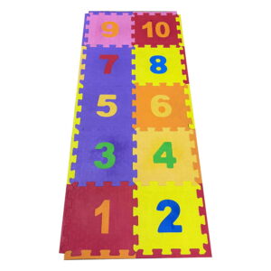 Play Eva Number Puzzle Mat is an educational EVA foam play mat featuring numbers 1 to 10. With 10 interlocking tiles, a 3D embossed anti-skid surface, and a large 60 x 24 inch assembled size, it helps children learn numbers while enjoying safe and interactive floor play.